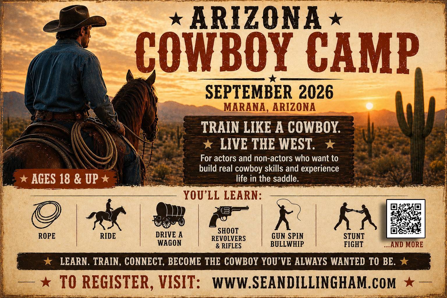 Arizona Cowboy Camp participants learning authentic cowboy skills on horseback in the Arizona desert. Students develop horsemanship, roping, firearms safety, and western performance techniques used by real ranchers and professional actors preparing for film and television roles.    #ArizonaCowboyCamp #CowboyTraining #WesternSkills #HorsebackRiding #ActorTraining